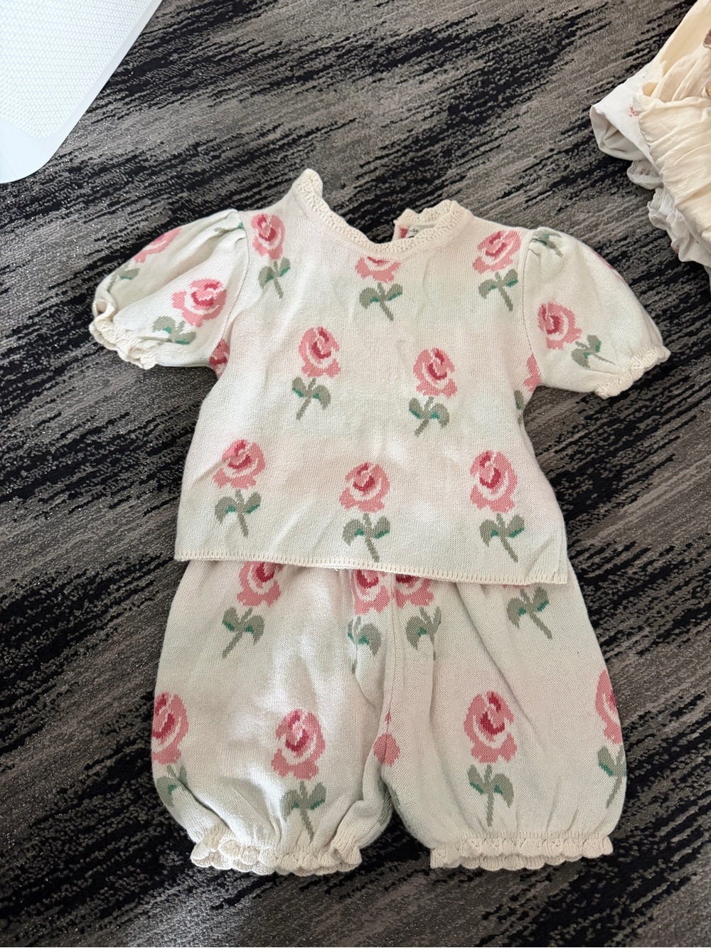 Cream and Pink Rose Knit Kids Pajama Set